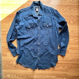 Vtg Wrangler Denim Pearl Snap Flap Pockets Western Shirt Cotton Size XL Blue